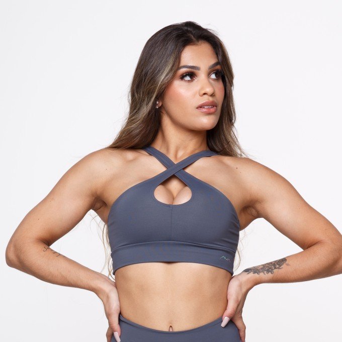 Top Fitness Suplex Poliamida Cinza Transpassado