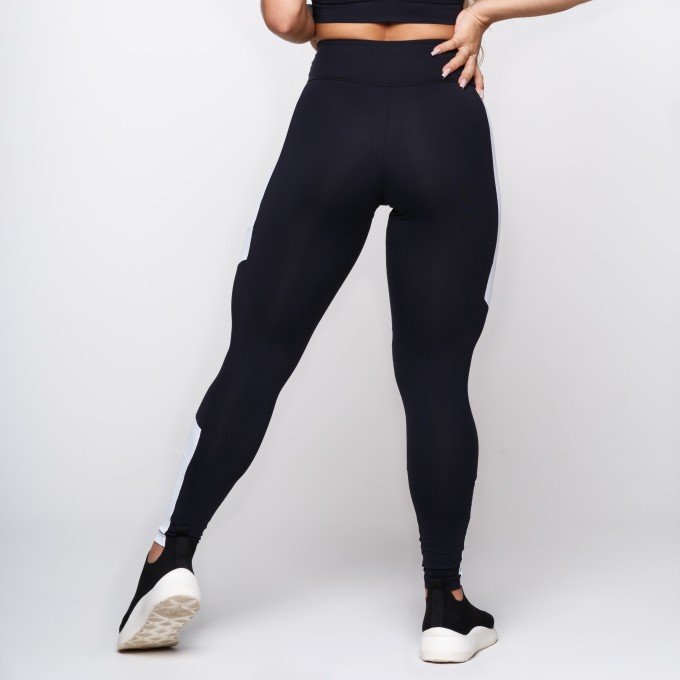 Calça Legging Suplex Poliamida Preta Com Recorte Branco