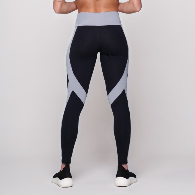 Calça Legging Suplex Preta Com Recorte Cinza