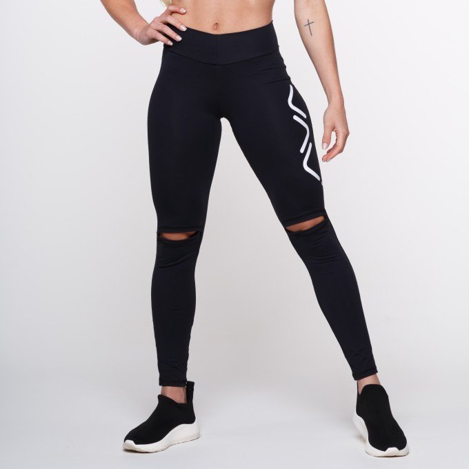 Calça Legging Suplex Poliamida Preta Abertura No Joelho