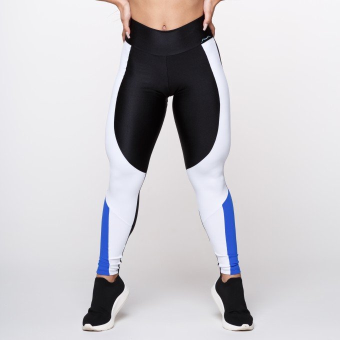 Calça Legging Poliamida Preta Brilhosa Com Recorte Branco e Azul Royal