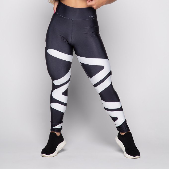 Calça Legging Sublimada Preta AVA Branco