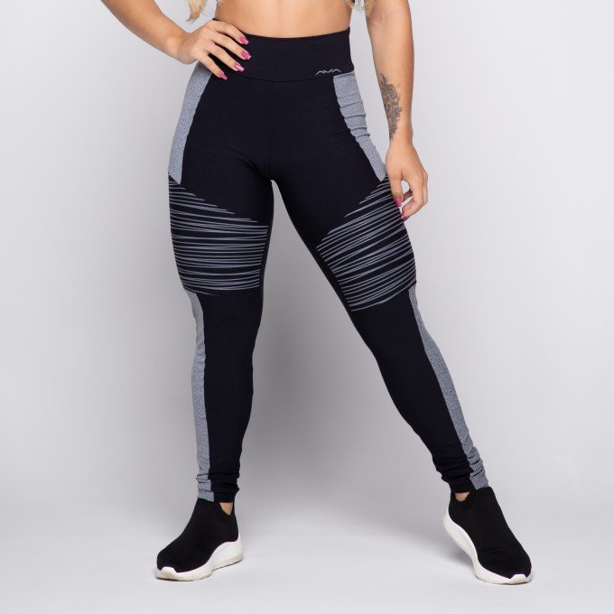 Calça Legging Suplex Poliamiada Preta Cinza Mescla