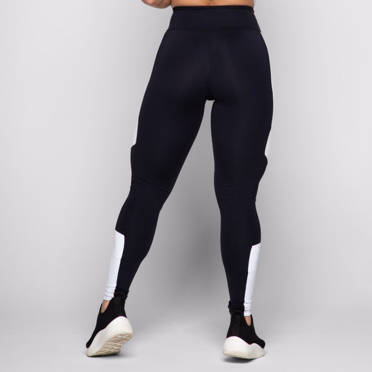 Calça Legging Suplex Poliamida Preta  Com Recorte Branco Silk AVA