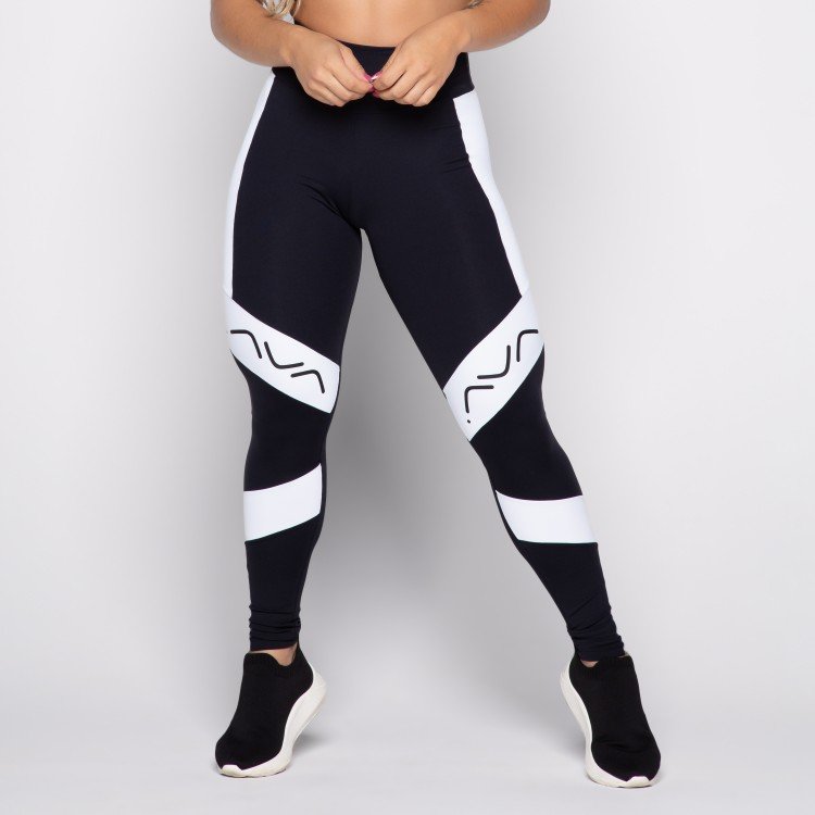 Calça Legging Suplex Poliamida Preta  Com Recorte Branco Silk AVA