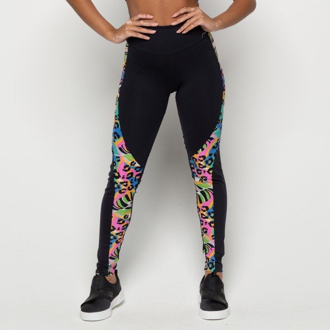 Calça Legging Suplex Poliamida Preta Com Recorte Estampado