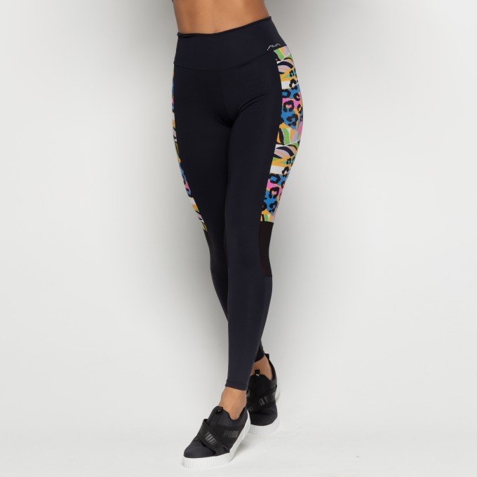Calça Legging Suplex Poliamida Preta Com Recorte Estampado E Detalhe Em Tule