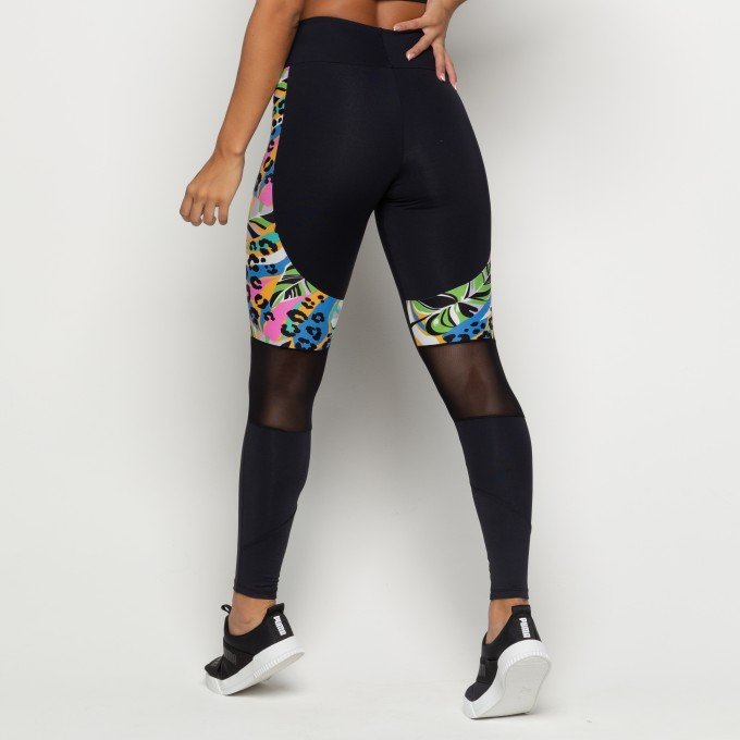 Calça Legging Suplex Poliamida Preta Com Recorte Estampado E Detalhe Em Tule