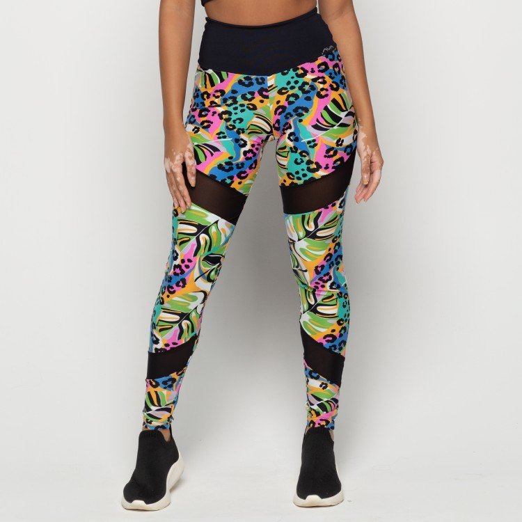 Calça Legging Suplex Poliamida Estampada Com Detalhe Em Tule