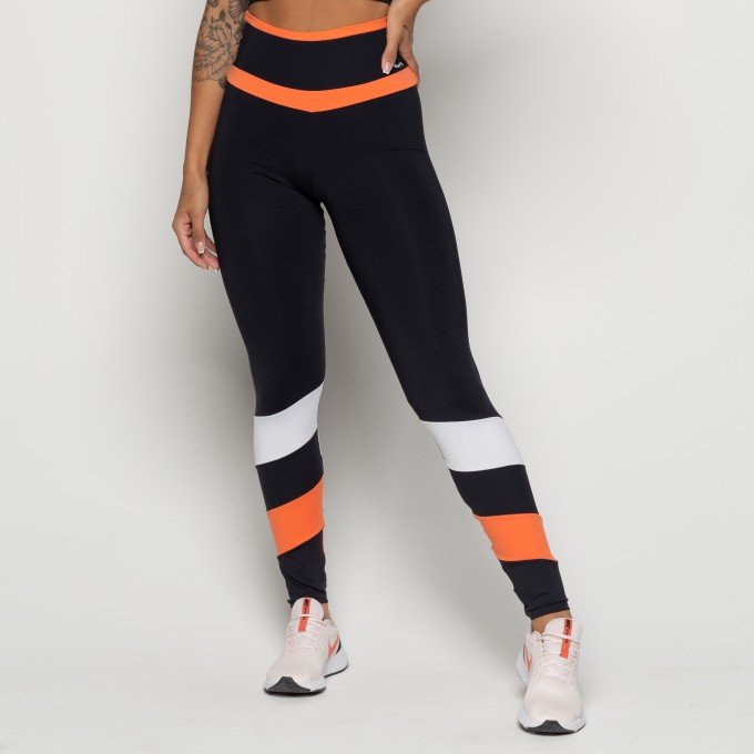 Calça Legging Suplex Poliamida Preta Com Recortes Laranja e Branco