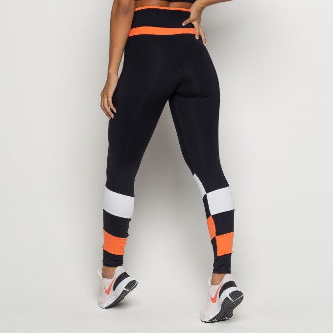 Calça Legging Suplex Poliamida Preta Com Recortes Laranja e Branco