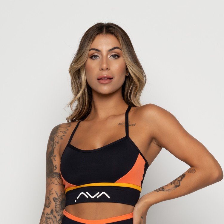 Top Fitness Suplex Poliamida Preto Com Recorte Laranja e Amarelo