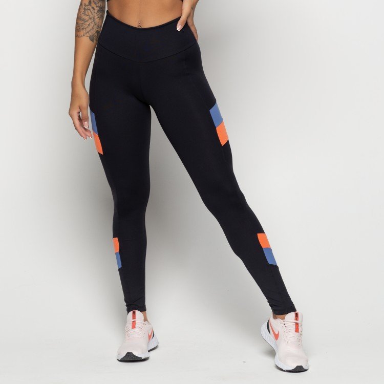 Calça Legging Suplex Poliamida Preta Com Recorte Azul e Laranja