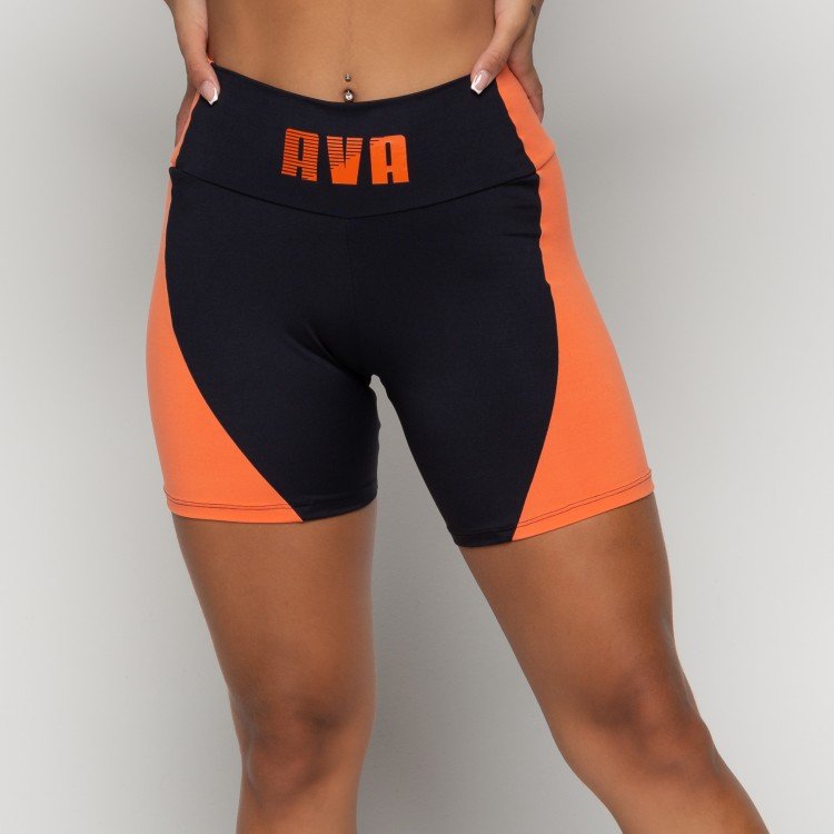 Short Suplex Poliamida Preto Com Recorte Laranja e Silk AVA Laranja