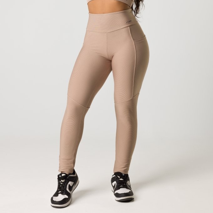 Calça Legging Feminina Nude Tecido Canelado Bolso Lateral