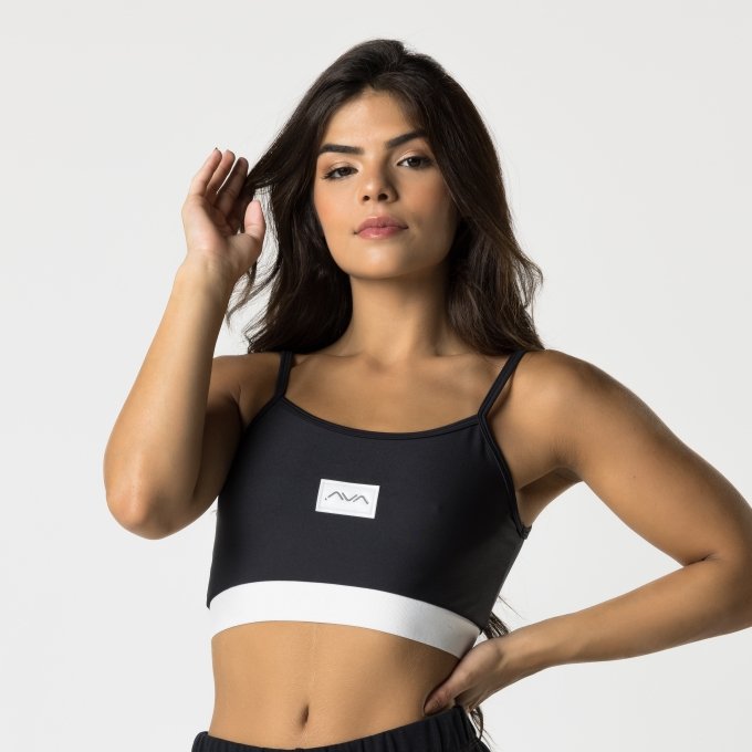 Top Fitness Feminino Preto Elástico Branco Etiqueta AVA