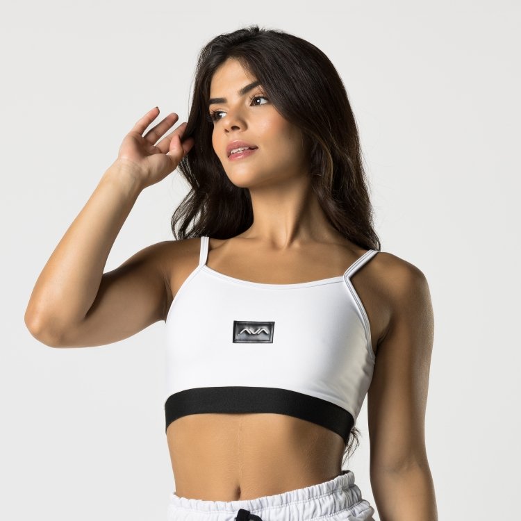 Top Fitness Feminino Branco Elástico Preto Etiqueta AVA