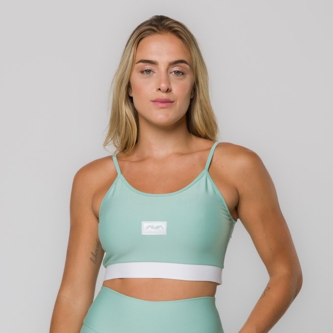 Top Fitness Feminino Verde Água Elástico Branco Etiqueta AVA