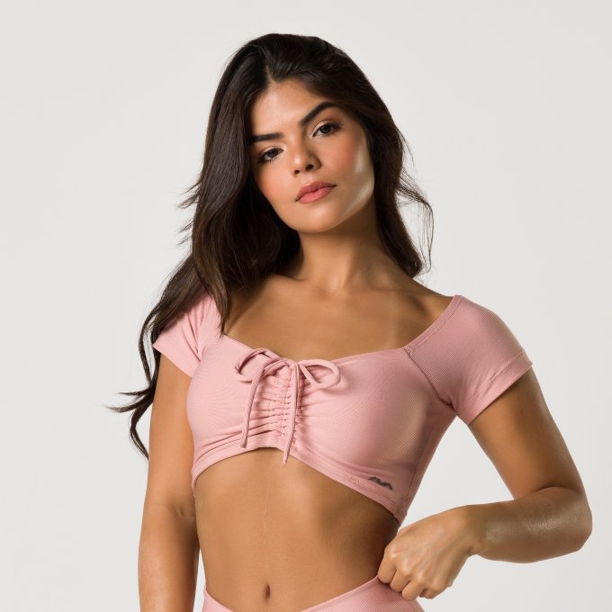 Top Feminino Cadarço Rosa Tecido Canelado