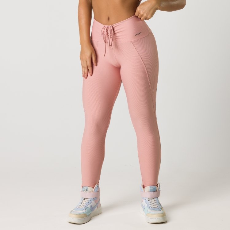 Calça Legging Feminina Cadarço Rosa Tecido Canelado