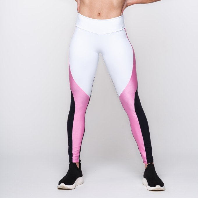 Calça Legging Suplex Poliamida Branca com Recorte Preto e Rosa