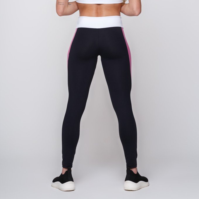 Calça Legging Suplex Poliamida Branca com Recorte Preto e Rosa