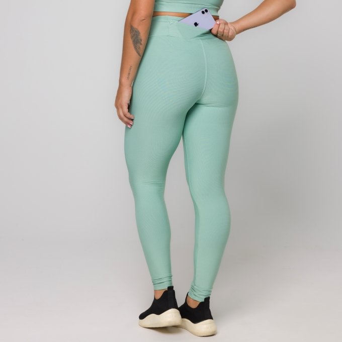 Calça Legging Feminina Verde Água Tecido Canelado Bolso no Cós