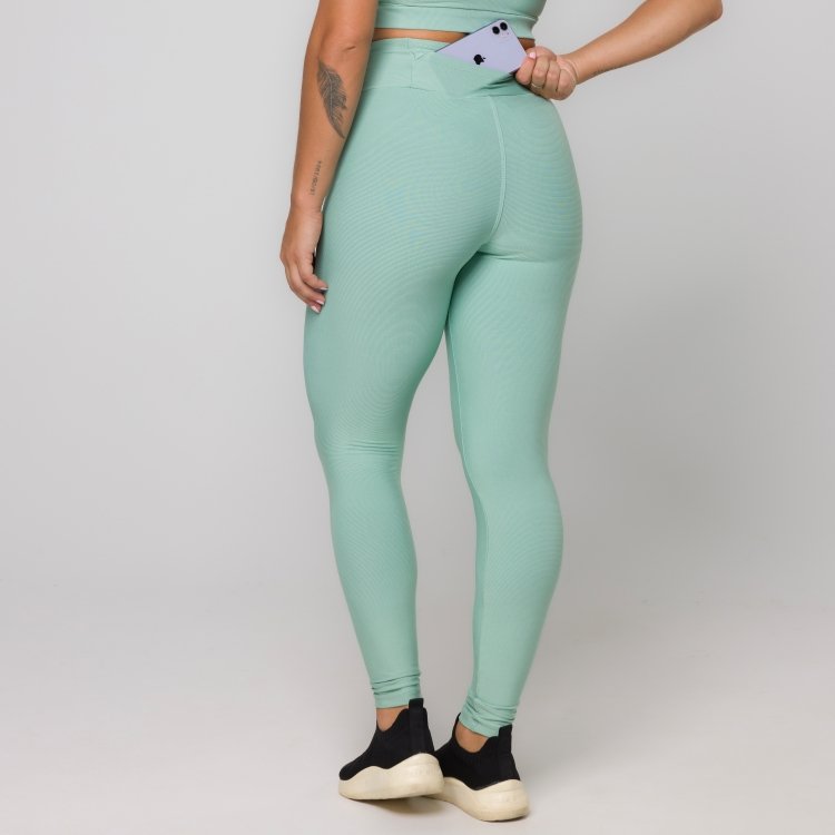 Calça Legging Feminina Verde Água Tecido Canelado Bolso no Cós