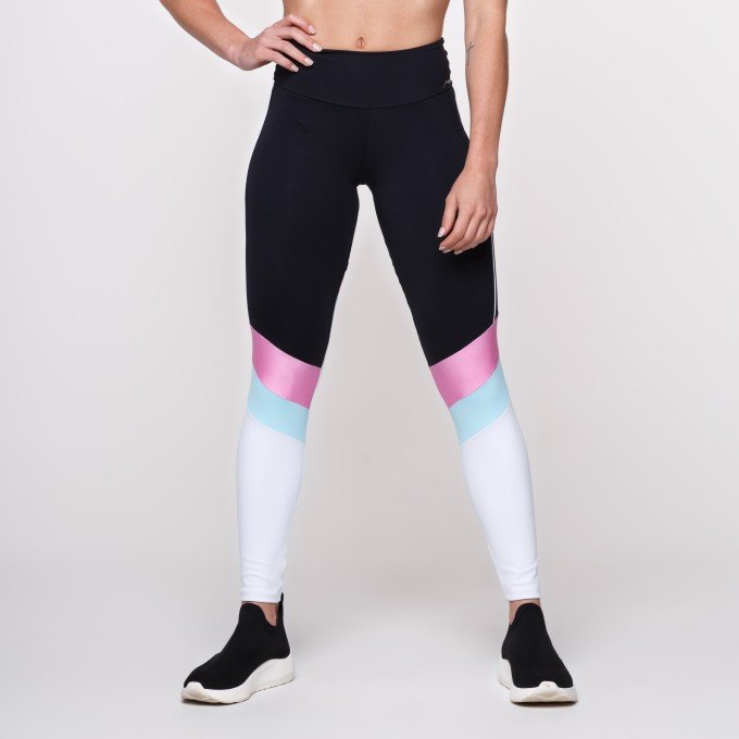 Calça Legging Suplex Poliamida Preta Com Recorte em Tons Pastéis