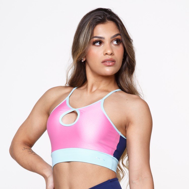 Top Fitness Suplex Poliamida Gota Azul Marinho, Rosa BB