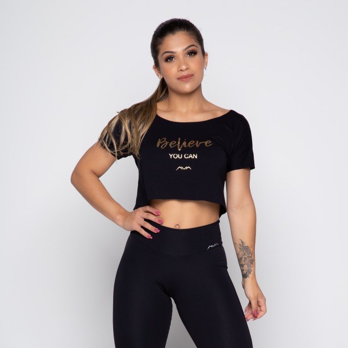 Cropped Fitness Preto BELIEVE YOU CAN