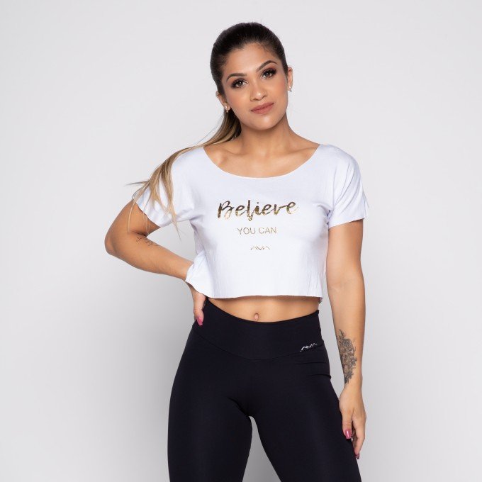 Cropped Fitness Branco BELIEVE YOU CAN