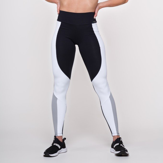 Calça Legging Suplex Poliamida Preta Com Recortes Branco e Cinza